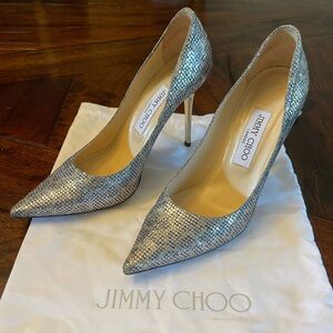 Jimmy Choo Aurora Pumps Stilettos Heels Glitter 4” Heel Size 37.5